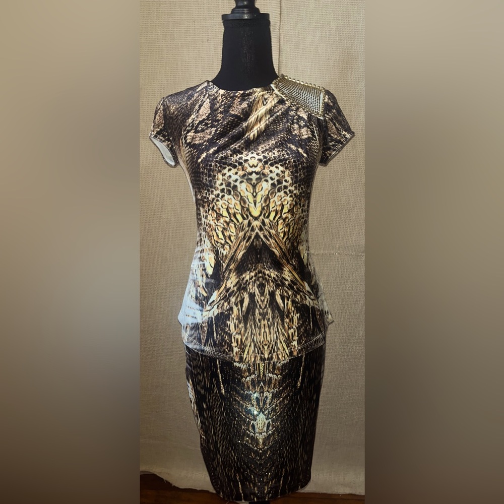 Gold, Brown, Cream w/ rhinestones skirt set